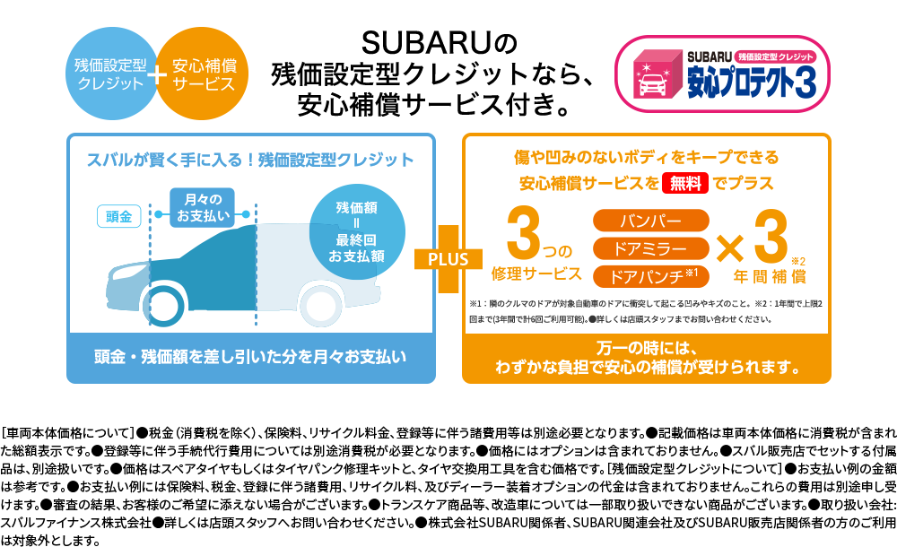 SUBARUの残価設定型クレジットなら安心補償サービス付き。［車両本体価格について］●税金（消費税を除く）、保険料、リサイクル料金、登録等に伴う諸費用等は別途必要となります。●記載価格は車両本体価格に消費税が含まれた総額表示です。●登録等に伴う手続代行費用については別途消費税が必要となります。●価格にはオプションは含まれておりません。●スバル販売店でセットする付属品は、別途扱いです。●価格はスペアタイヤもしくはタイヤパンク修理キットと、タイヤ交換用工具を含む価格です。［残価設定型クレジットについて］●お支払い例の金額は参考です。●お支払い例には保険料、税金、登録に伴う諸費用、リサイクル料、及びディーラー装着オプションの代金は含まれておりません。これらの費用は別途申し受けます。●審査の結果、お客様のご希望に添えない場合がございます。●トランスケア商品等、改造車については一部取り扱いできない商品がございます。●取り扱い会社:スバルファイナンス株式会社●詳しくは店頭スタッフへお問い合わせください。●株式会社SUBARU関係者、SUBARU関連会社及びSUBARU販売店関係者の方のご利用は対象外とします。