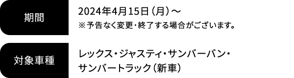 期間 2024年4月15日（月）～ ※予告なく変更・終了する場合がございます。対象車種 レックス・ジャスティ・サンバーバン・サンバートラック（新車）