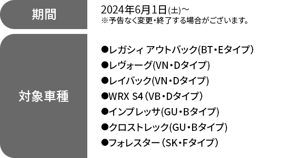 期間 2024年6月1日(土)～※予告なく変更・終了する場合がございます。対象車種●レガシィ アウトバック（BT・Dタイプ）●レヴォーグ(VN・Dタイプ)●レイバック(VN・Dタイプ)●WRX S4（VB・Dタイプ）●インプレッサ(GU・Aタイプ)●クロストレック(GU・Aタイプ)●フォレスター（SK・Fタイプ）●ソルテラ(EW・Bタイプ)●レックス(DU・Aタイプ)●ジャスティ(DR・Dタイプ)●サンバートラック（TR・Gタイプ）●サンバーバン(TK・Aタイプ)