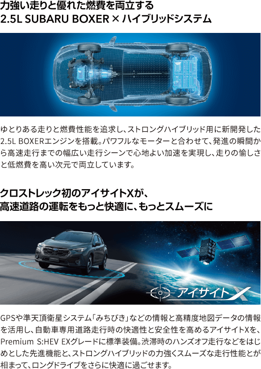 ゆとりある走りと燃費性能を追求し、ストロングハイブリッド用に新開発した2.5L BOXERエンジンを搭載。パワフルなモーターと合わせて、発進の瞬間から高速走行までの幅広い走行シーンで心地よい加速を実現し、走りの愉しさと低燃費を高い次元で両立しています。/GPSや準天頂衛星システム「みちびき」などの情報と高精度地図データの情報を活用し、自動車専用道路走行時の快適性と安全性を高めるアイサイトXを、Premium S:HEV EXグレードに標準装備。渋滞時のハンズオフ走行などをはじめとした先進機能と、ストロングハイブリッドの力強くスムーズな走行性能とが相まって、ロングドライブをさらに快適に過ごせます。