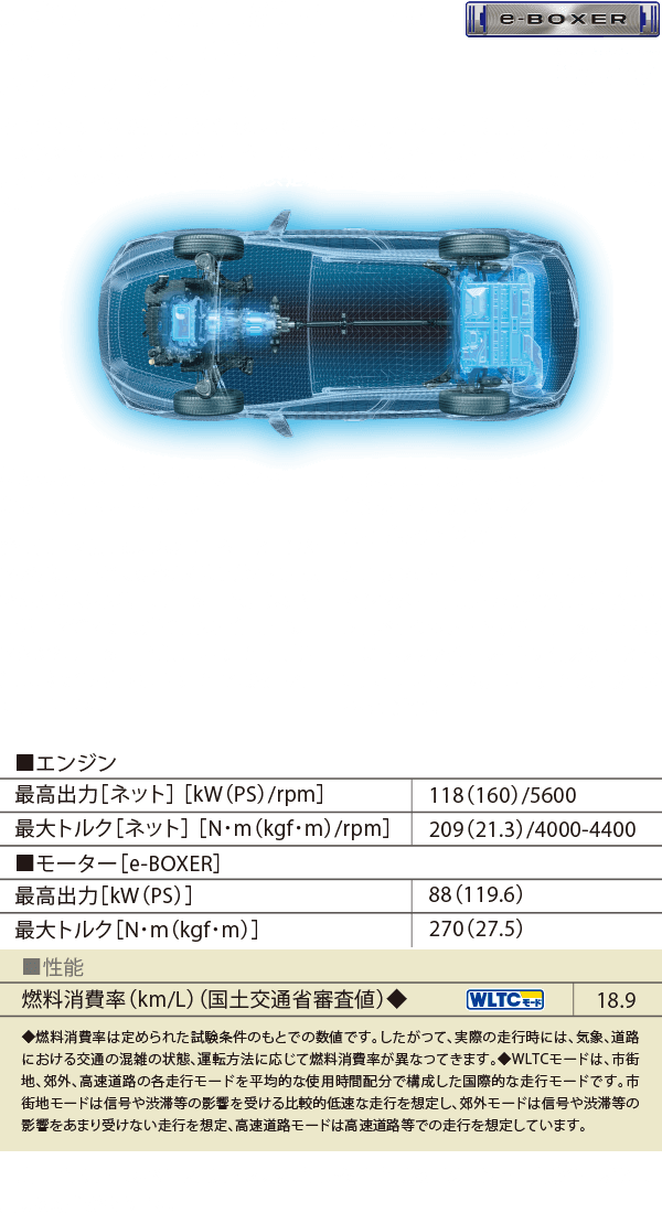 力強い走りと優れた燃費を両立する2.5L SUBARU BOXER × ハイブリッドシステム。ゆとりある走りと燃費性能を追求し、ストロングハイブリッド用に新開発した2.5L BOXERエンジンを搭載。パワフルなモーターと合わせて、発進の瞬間から高速走行までの幅広い走行シーンで心地よい加速を実現し、走りの愉しさと低燃費を高い次元で両立しています。状況に応じて動力源を切り替えるシリーズ・パラレル方式：発電用・駆動用の2つのモーターとエンジンを状況に応じて効率よく使い分ける方式です。発進、低速時はモーターで、定速走行時はエンジンで、坂道や高速走行時にはエンジンとモーターを併用して走り、幅広い速度域での気持ち良い走りと低燃費を両立しています。走りの安定感がさらに進化するシンメトリカルAWD ×ハイブリッドシステム：左右対称で重量バランスに優れた独自のシンメトリカルAWDを採用。前後輪をプロペラシャフトで繋ぎ、モーターからの高いトルクをダイレクトに伝えることで、SUBARUらしい安定した走りと走破性がさらに進化