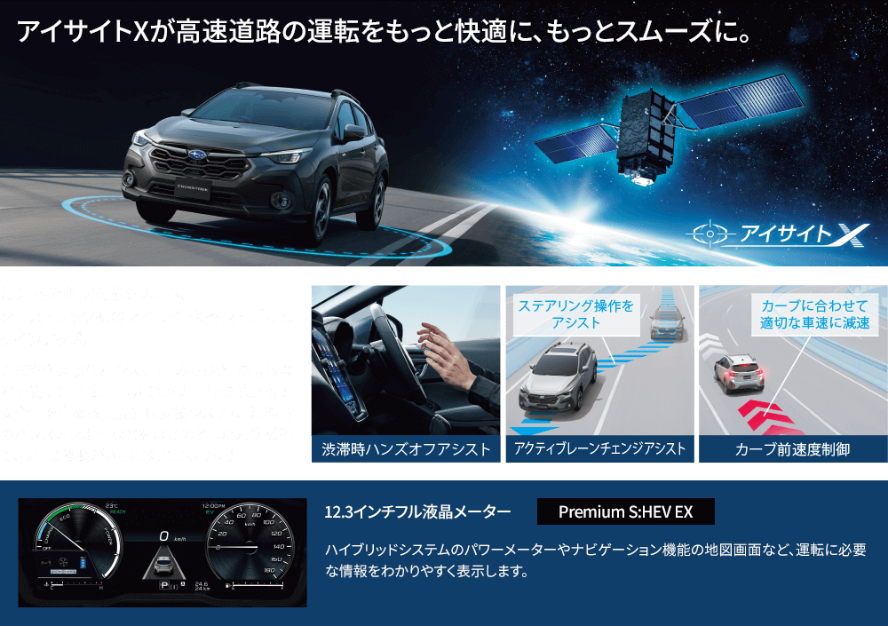 アイサイトXが高速道路の運転をもっと快適に、もっとスムーズに。最先端の運転支援システム、クロストレック初のアイサイトX搭載モデルもラインアップ。GPSや準天頂衛星システム「みちびき」の情報などを使って、自動車専用道路走行時の快適性と安全性を高める高度運転支援システム。渋滞時のハンズオフ走行などをはじめとした先進機能で、長距離移動がさらに快適になります。12.3インチフル液晶メーター（Premium S:HEV EX）ハイブリッドシステムのパワーメーターやナビゲーション機能の地図画面など、運転に必要な情報をわかりやすく表示します。