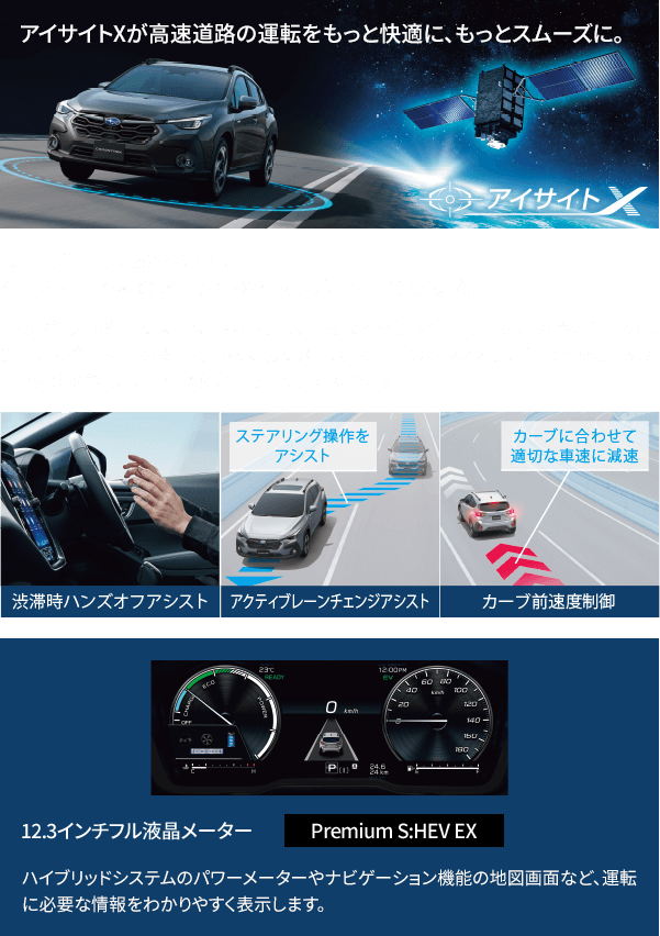 アイサイトXが高速道路の運転をもっと快適に、もっとスムーズに。最先端の運転支援システム、クロストレック初のアイサイトX搭載モデルもラインアップ。GPSや準天頂衛星システム「みちびき」の情報などを使って、自動車専用道路走行時の快適性と安全性を高める高度運転支援システム。渋滞時のハンズオフ走行などをはじめとした先進機能で、長距離移動がさらに快適になります。12.3インチフル液晶メーター（Premium S:HEV EX）ハイブリッドシステムのパワーメーターやナビゲーション機能の地図画面など、運転に必要な情報をわかりやすく表示します。