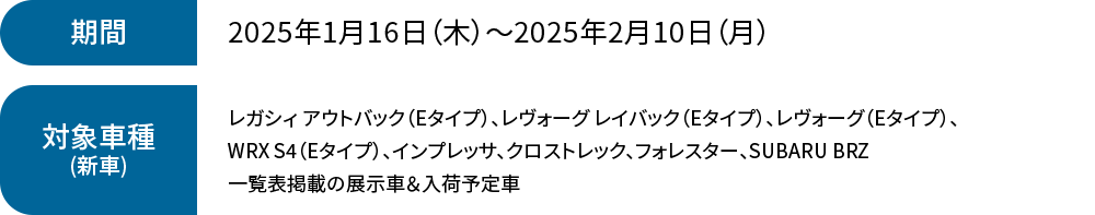 期間 2025年1月16日（木）～2025年2月10日（月）レガシィ アウトバック（Eタイプ）、レヴォーグ レイバック（Eタイプ）、レヴォーグ（Eタイプ）、WRX S4（Eタイプ）、インプレッサ、クロストレック、フォレスター、SUBARU BRZ 一覧表掲載の展示車＆入荷予定車