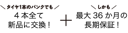 タイヤ1本のパンクでも4本全て新品に交換!+しかも最大36か月の長期保証!